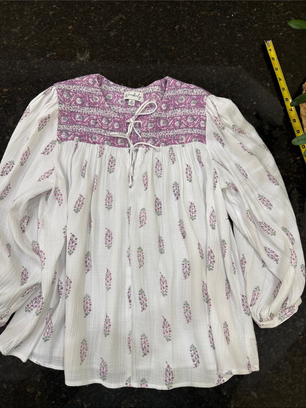 Wonderly White Blouse with Pink Floral Gathered Yoke and Flowy Hem